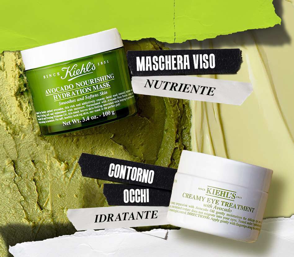 Immagine di prodotti per la cura della pelle Kiehl's: una maschera viso all'avocado e un trattamento per il contorno occhi, entrambi con etichette descrittive.