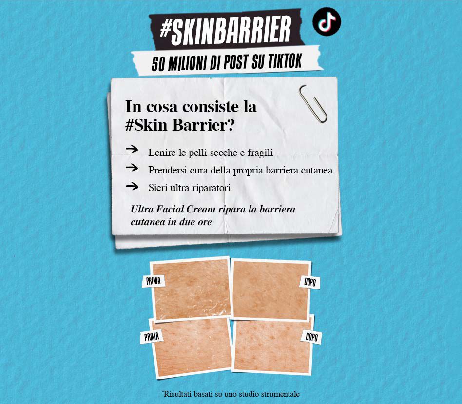 Immagine promozionale di TikTok sul tema #SkinBarrier, con testo informativo sui benefici e la cura della barriera cutanea, accompagnato da immagini "prima" e "dopo".
