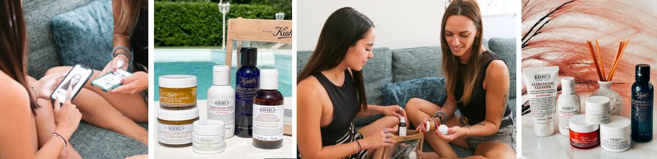 Due persone si trovano su un divano vicino a una piscina, condividendo e provando prodotti di bellezza. Diverse confezioni di cosmetici sono disposte in primo piano.