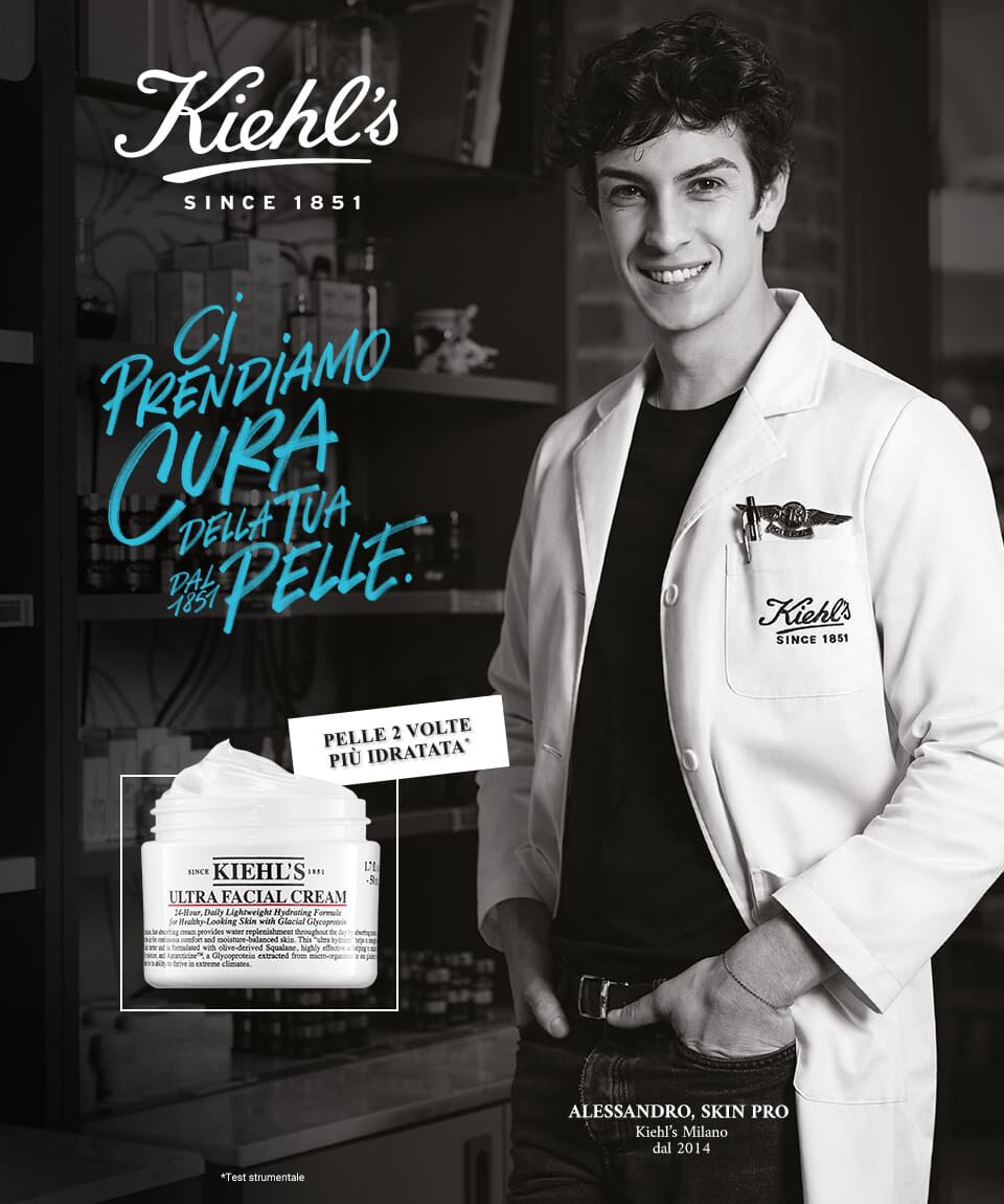 Alt text: Immagine promozionale di Kiehl's con crema viso ultra idratante e un esperto della pelle, Alessandro, che offre consulenze personalizzate.